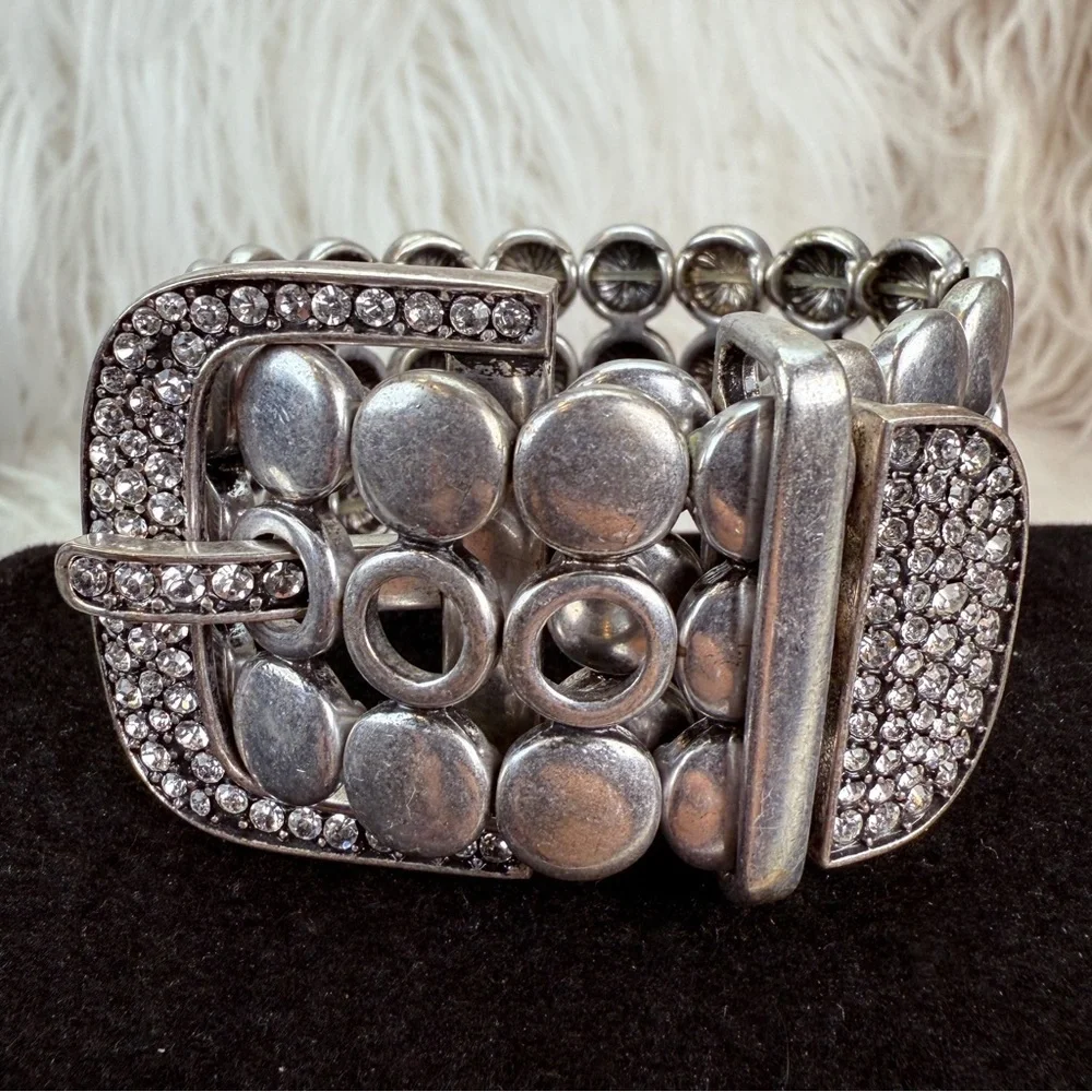Silvertone CZ premier, designs, retired Statement Buckle Stretch Bracelet
